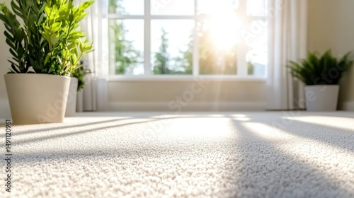 A cozy room with white carpet, potted plants by a sunny window showing urban buildings.