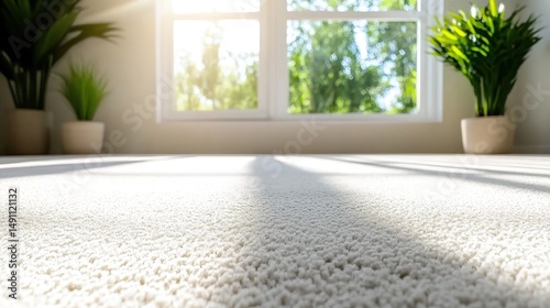 A cozy room with white carpet, potted plants by a sunny window showing urban buildings.