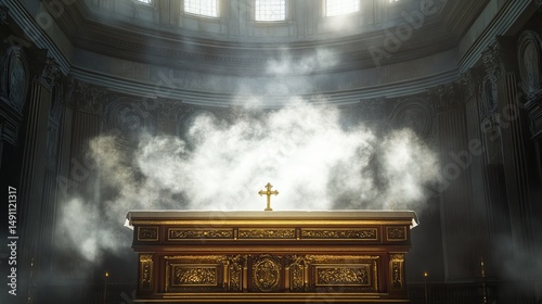 Golden Altar Cross Church Interior Divine Light Smoke Mystical Religious hope holy faith image photo