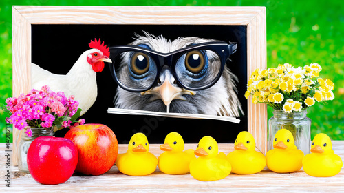 Fun outdoor display featuring an owl wearing glasses, a chicken, colorful flowers, and rubber ducks
