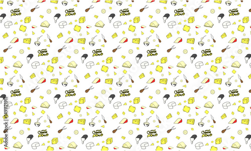 Colorful cheese variations for Cheese Day! Cheerful seamless pattern on a white background, ideal for celebrations, culinary, and food-themed events. Celebrate with cheese!