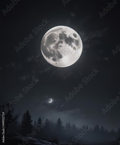 Low-hanging full moon casts eerie glow on dark night sky ,  dark sky,  creepy