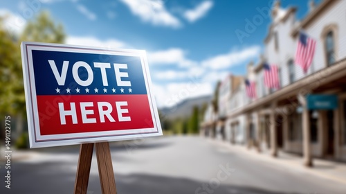 Patriotic American voting station sign on sidewalk with waving US flag encouraging voter turnout and civic responsibility, Generative AI