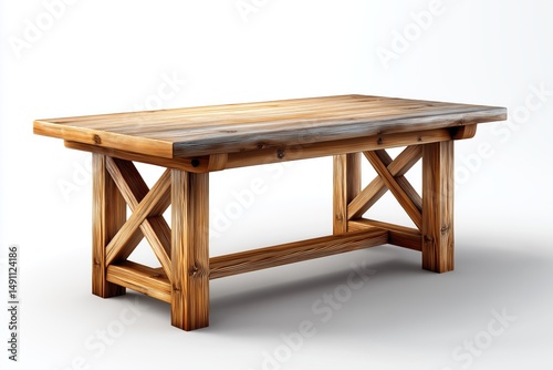 Rustic handcrafted rectangular wooden table with visible grain and solid crossbeam construction in farmhouse style, Generative AI