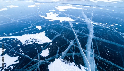 Frozen lake with cracks. Ice formations and blue hues