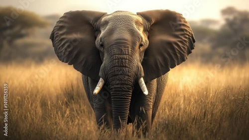 Majestic Elephant Stance in the Golden Savanna Grasslands Environment Portrait