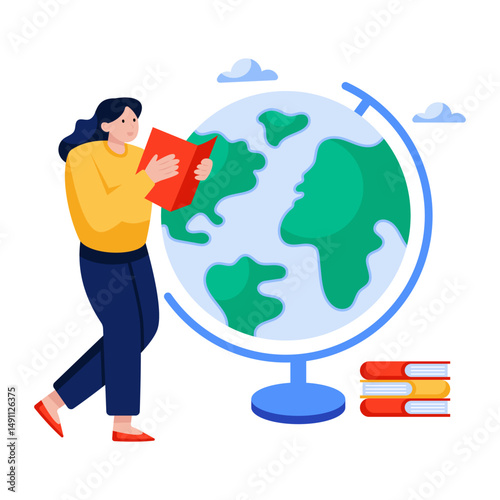 Globe with book, flat design of global learning