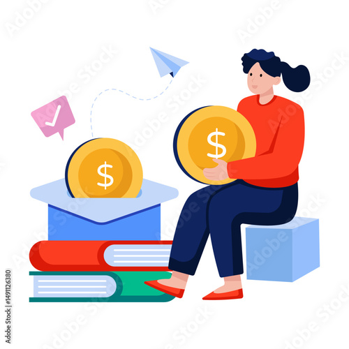 Mortarboard with books and dollar sack, flat design of educational grant