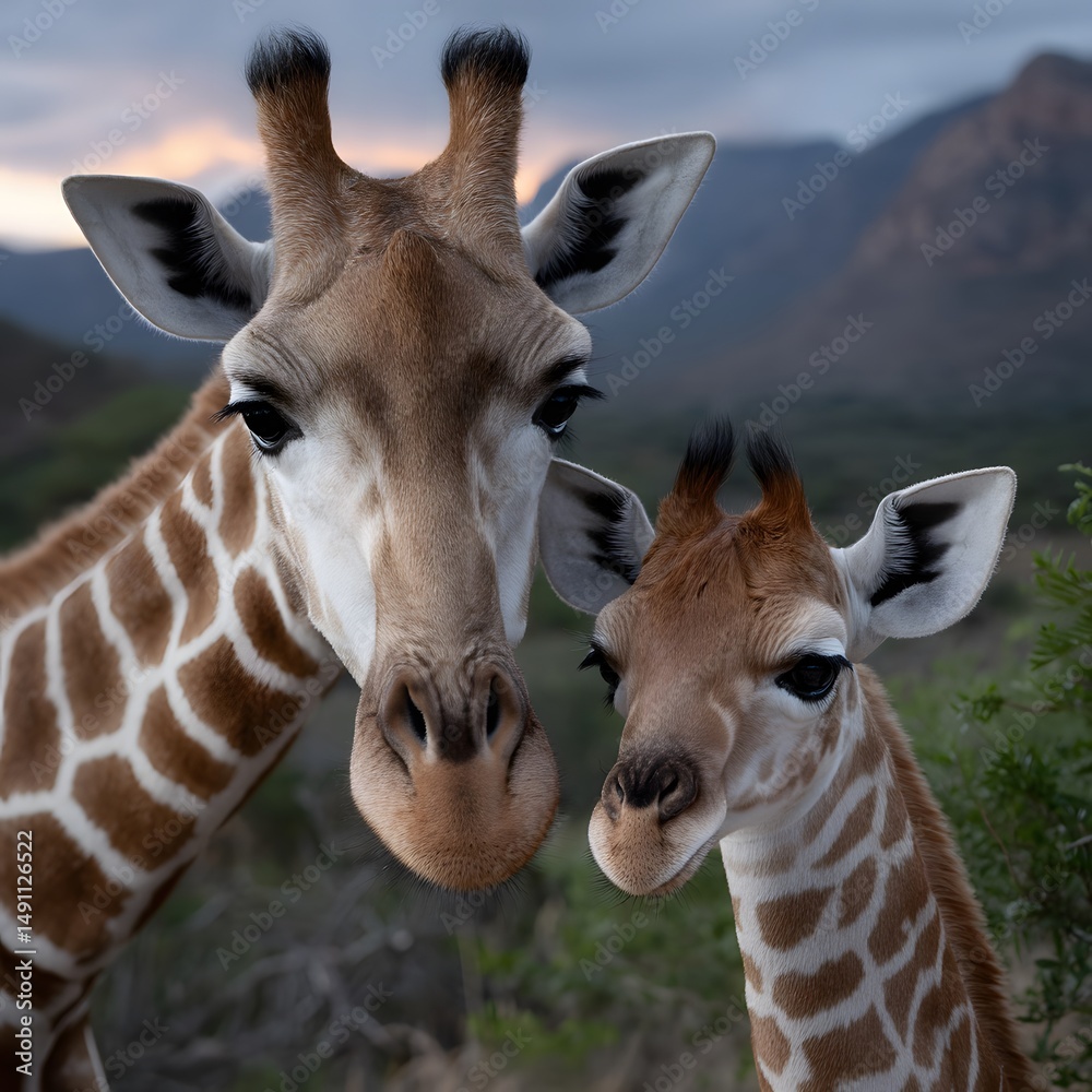 Obraz premium Two giraffes, adult and calf, close-up