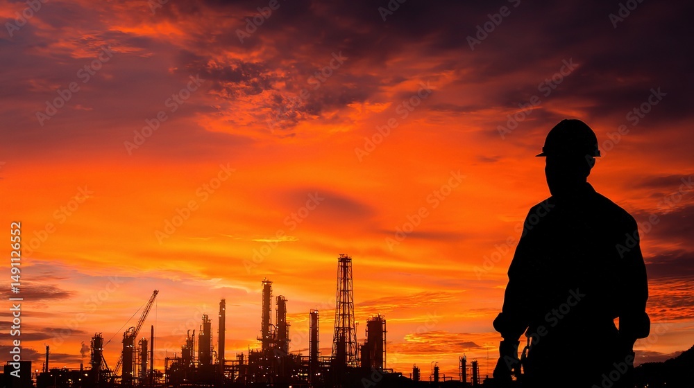 Fototapeta premium Worker Silhouette Against Industrial Plant at Sunset Horizon