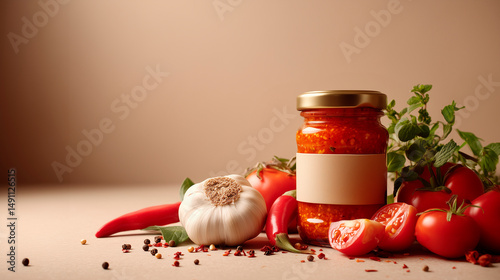 Spicy adjika sauce in glass jar with blank label, surrounded by fresh hot chili peppers, garlic, tomatoes, and herbs, beige background, soft lighting, healthy spicy food, food preservation mockup
