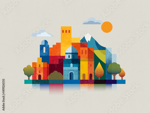 Colorful cityscape illustration with abstract geometric buildings and nature. Stylized architecture, trees, mountains in a panoramic layout. Flat modern design. Travel, tourism, city branding poster