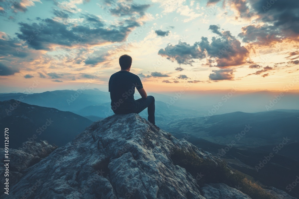 Obraz premium Contemplation on a mountain top during a breathtaking sunset