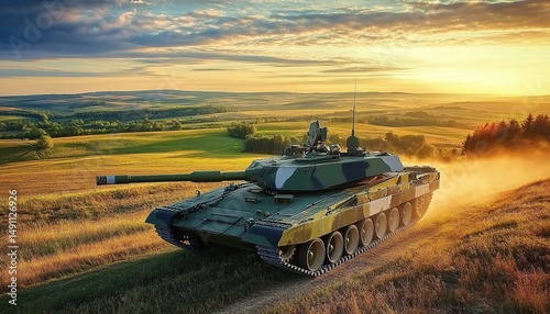 Camouflaged tank moving on green field with hills and dusk sky.