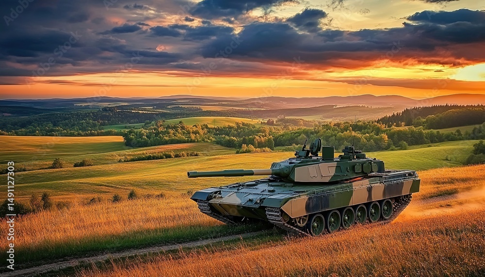 Fototapeta premium Camouflaged tank moving on green field with hills and dusk sky.