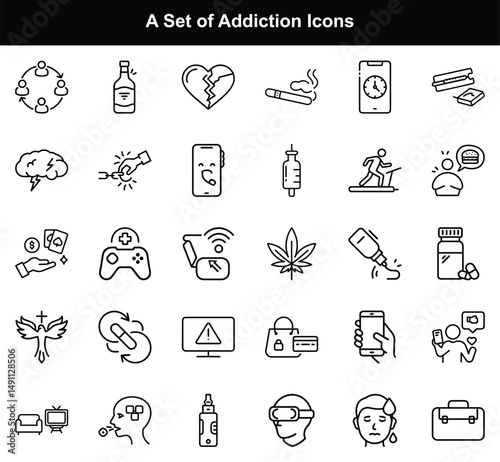 Addiction Icons Set Substance Abuse, Bad Habits, Mental Health – Outline Style