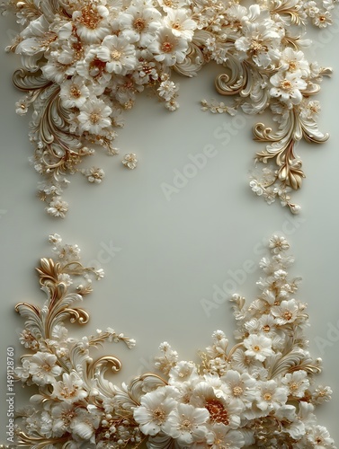 Elegant Floral Frame: An ornate frame of exquisite white flowers and gold filigree creates a luxurious and elegant border, perfect for wedding invitations, or other special occasions.