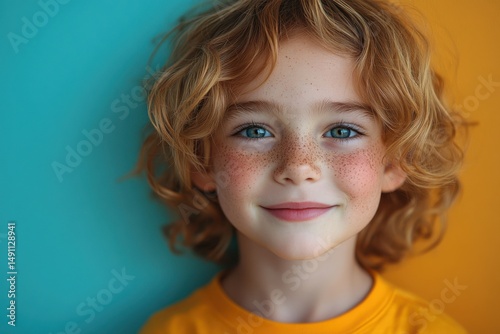 Joyful boy with freckles smiling brightly against vibrant background colors photo
