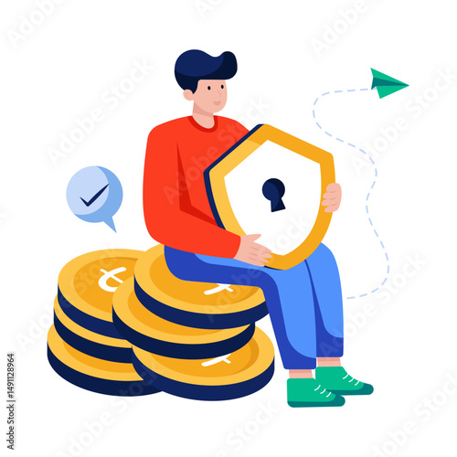 Coins with shield, illustration of financial security