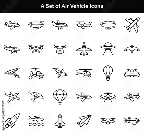 Air Vehicle Icons Set, Airplane, Blimp, Helicopter, Drone Outline on White Background