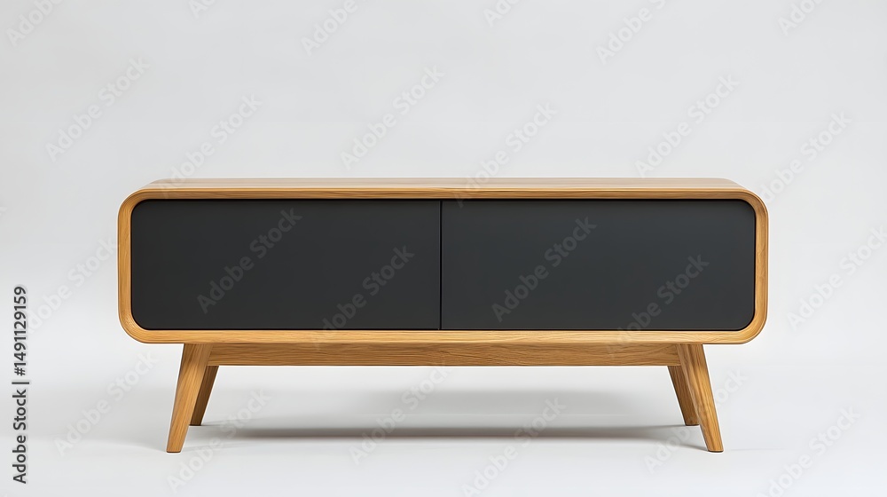 Modern wooden entertainment unit with dark accents. Modern wooden entertainment unit with dark accents.