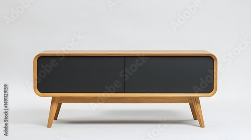 Modern wooden entertainment unit with dark accents.