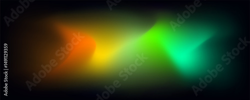Multicolored lights reflecting smoke or fog on black background. Horizontal blurred pattern of neon lights gradients of clouds or bright colors mixed at night. Abstract pattern illustration.