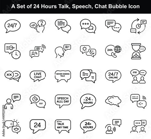 Speech Bubbles Icons Line Style, Talk, Chat, Message, 24 Hours, Communication