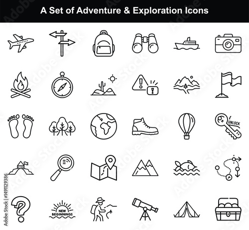 Line Art Travel Icons Set Adventure Symbols, Camping, Exploration, Holiday, Thin Line