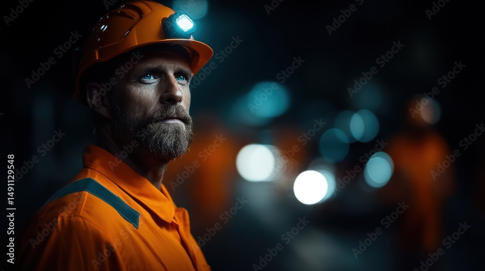 Obraz premium worker in an orange uniform stands under low light, looking up with determination