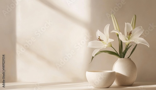 Wallpaper Mural Top down flat lay of a Japanese style bouquet with branches, leaves, and scissors arranged on a minimal light background for floral design and nature concept. Torontodigital.ca