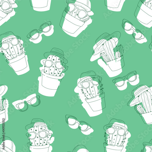 Seamless vector pattern with summer cacti in sunglasses. Stylized plants in glasses and hats on a green background will add childish spontaneity and brightness to any project.