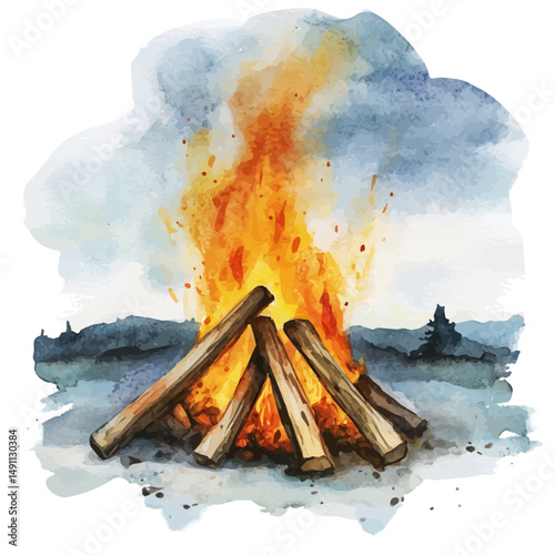 Late Summer Evening With A Bonfire, watercolor illustration vector, high quality, isolated on a white background.
