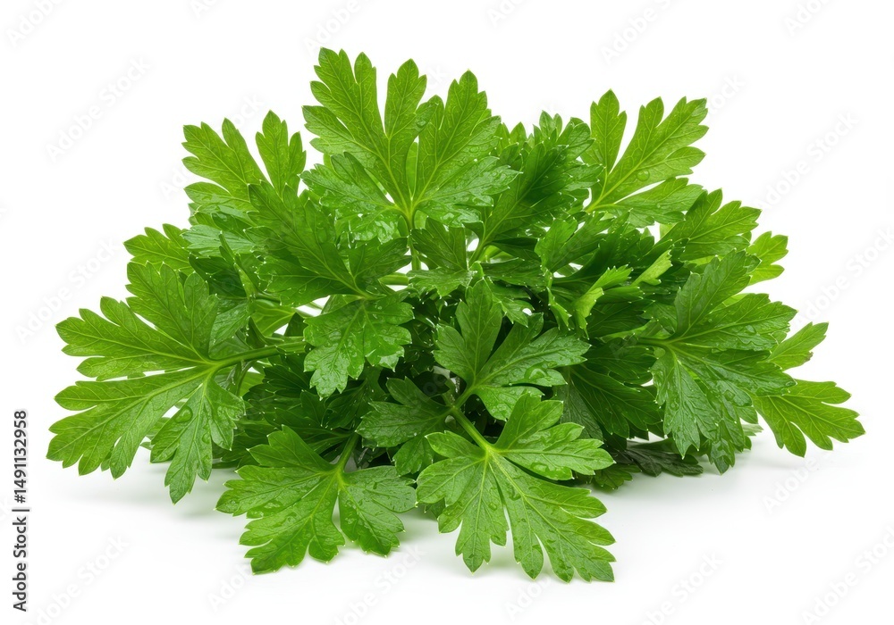 A bunch of fresh green parsley leaves is displayed on a white background A bunch of fresh green parsley leaves is displayed on a white background