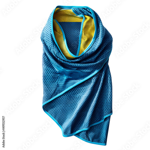 Sporty Cooling Wrap with a Breathable Mesh Layer and a Blue and Yellow Scarf with a Yellow Stripe Isolated on Transparent Background