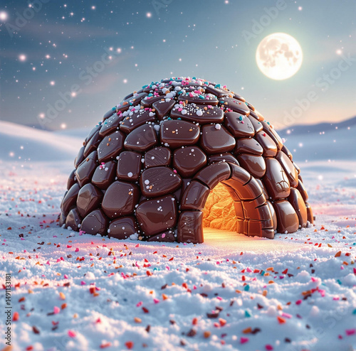 A cozy igloo made of chocolate under a starry night sky.