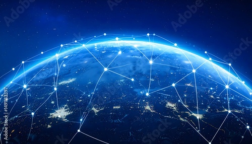 Global network Earth covered in a web of connected nodes against a starry, deep blue background