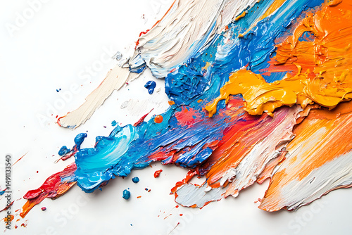A vibrant display of thick paint strokes in white blue orange and red on a clean white background