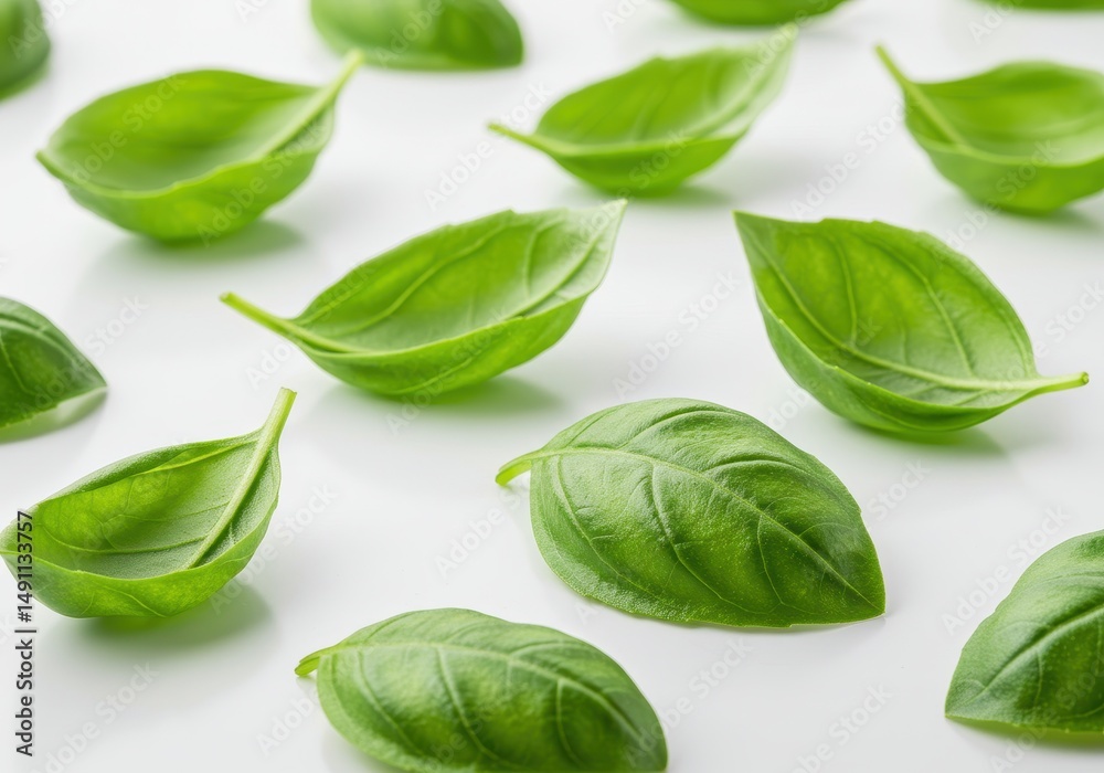 Obraz premium Close up shows several fresh basil leaves scattered on a plain white surface