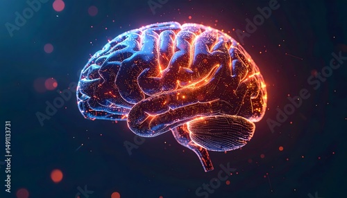 Glowing brain illustration. Blue and orange lights. Conceptual, neurological activity