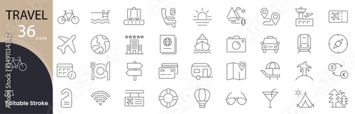 Travel icon set. Holiday and tourism related line icons: airplane, passport, luggage, map, beach, hotel, trip, camera, navigation and more. Editable stroke. Vector illustration.
