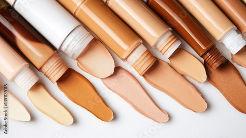 Various shades of complexion correcting makeup displayed. photo
