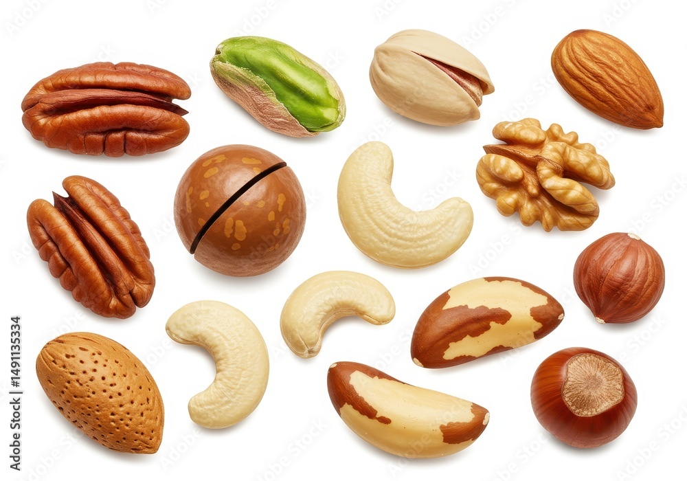 Obraz premium Assortment of various nuts including pecan pistachio almond and cashew displayed on a white surface
