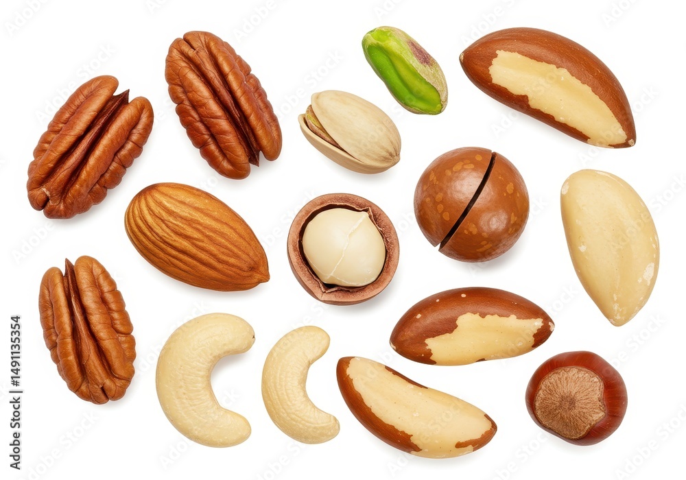 Obraz premium Assortment of various nuts including pecan almond pistachio and brazil nut displayed on a white surface