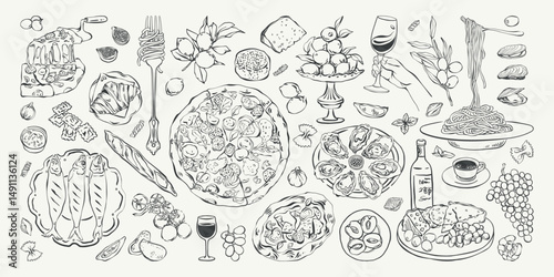 Hand drawn mediterranean food and drink set. Italian food ink sketch. Whimsical La dolce vita lunch or dinner with pizza, cheese, pasta, sea food, fruits, wine for poster, menu, invitation, postcard.