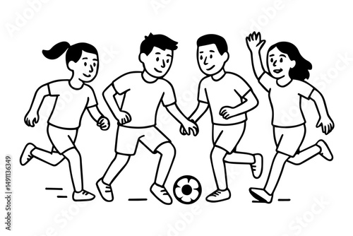 Group of children playing soccer together, outline illustration on a white background