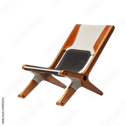 Sport Inspired Reclining Wooden Beach Chair with a White Seat Isolated on Transparent Background