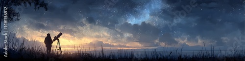 Stargazing Silhouette: A solitary figure gazes into the vast night sky, framed by a telescope, evoking a sense of wonder and contemplation. The dramatic sky with billowing clouds.