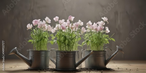 Close-up of delicate sweet pea seedlings being gently watered with a watering can ,  watering can,  watering