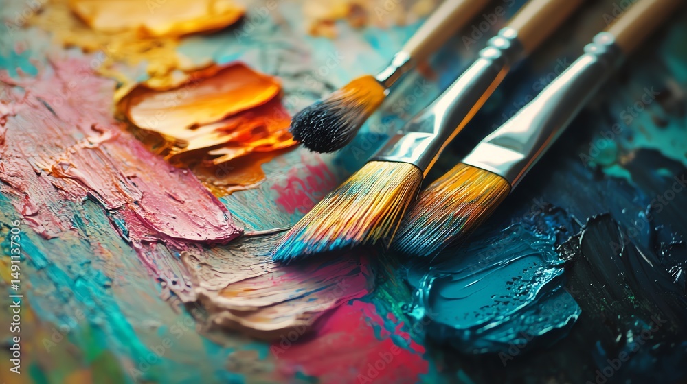 Fototapeta premium A vibrant artists palette overflows with colorful paints.